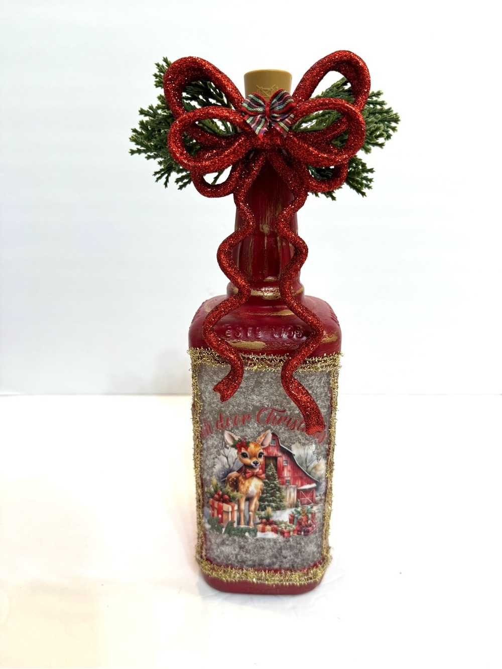 OOAK Red Lighted On/Off Oh Deer! Christmas Bottle Holiday Decor